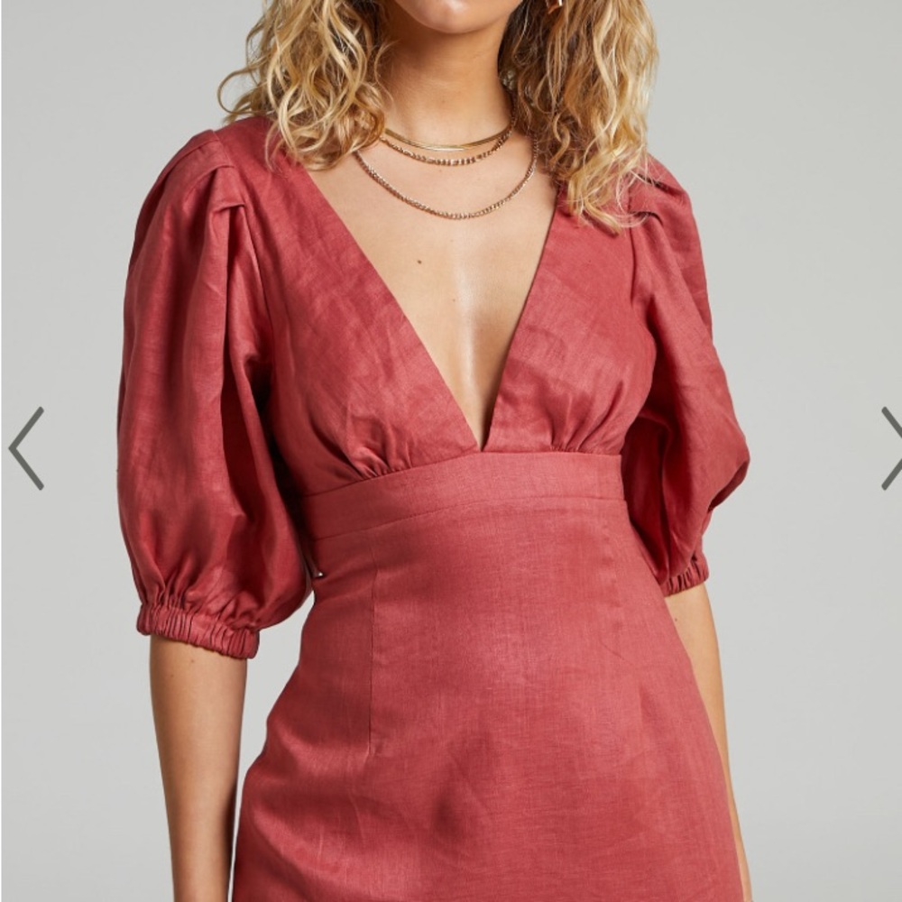 Deep V-Neck Puff Sleeve Dress in Dusty Rose